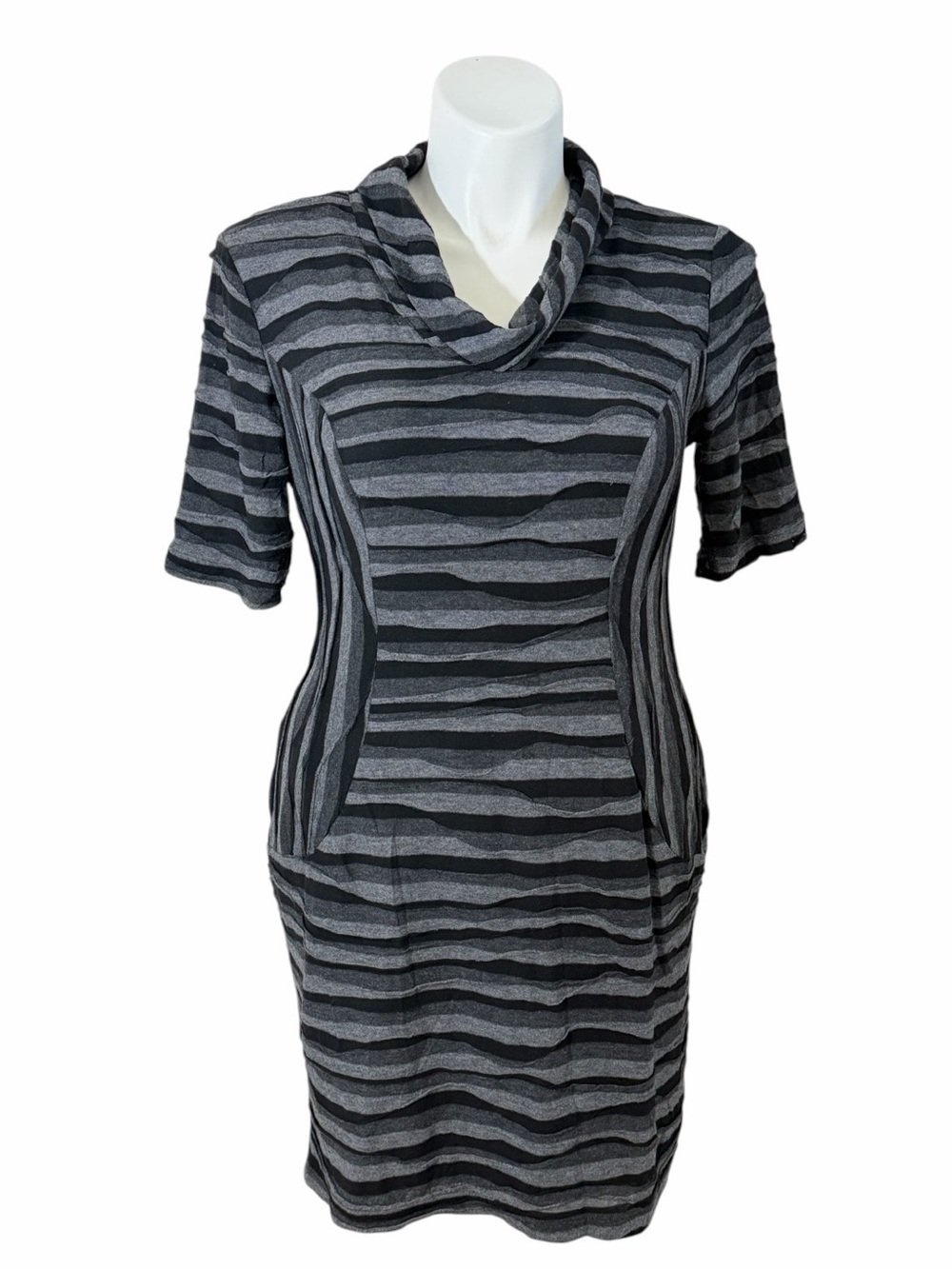 Dressbarn Striped Gray & Black Knit Dress with Cowl Neck Size 14